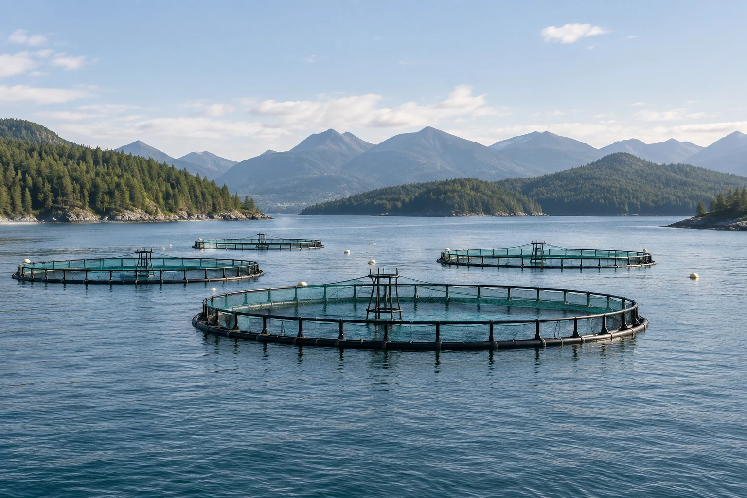 Scene illustration of aquaculture cages in an open-water setting.