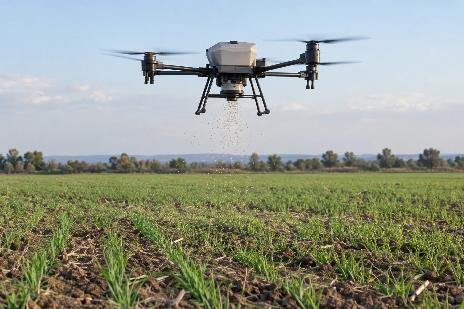 Scene illustration of an agricultural drone distributing seed over a field.