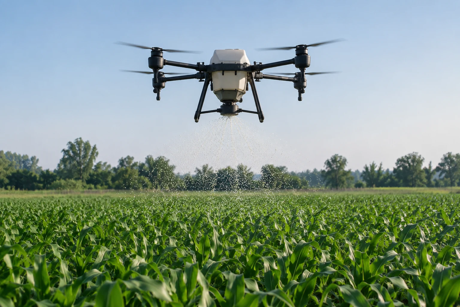 Scene illustration of drone granular spreading above a crop.
