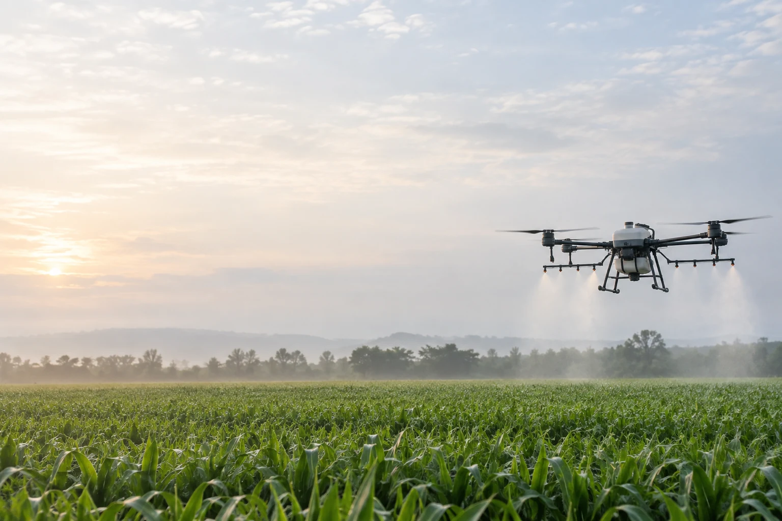 Scene illustration of an agricultural drone above a crop field.