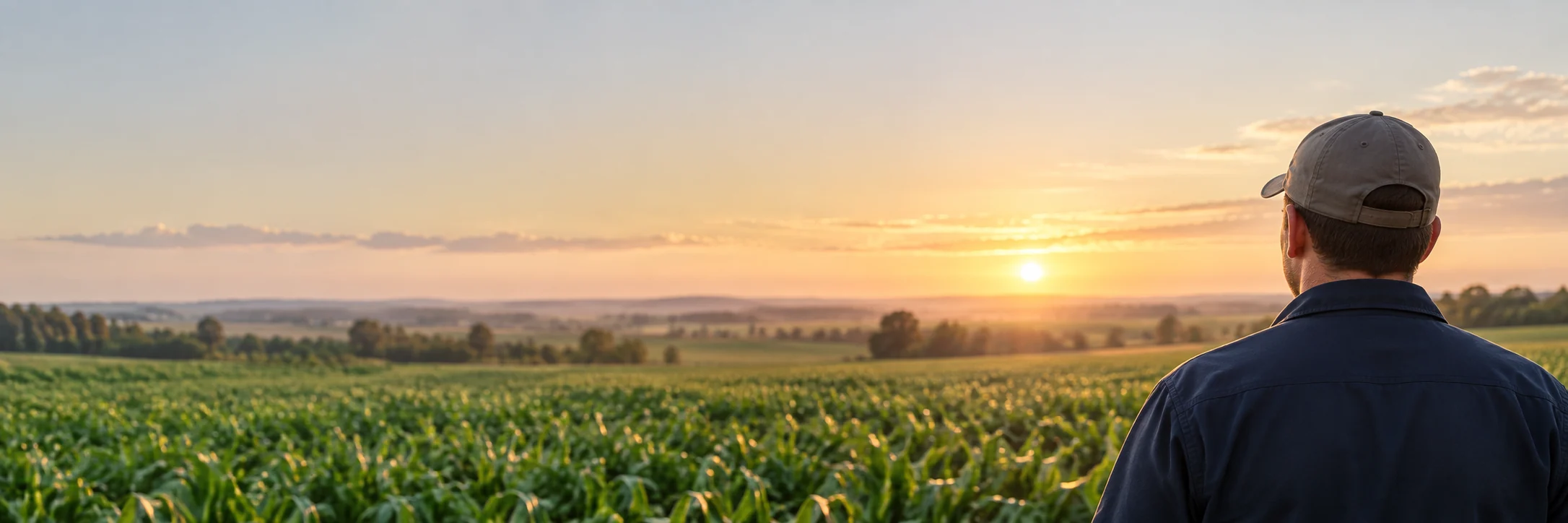 Scene illustration of a farm operator looking across a field in evening light.