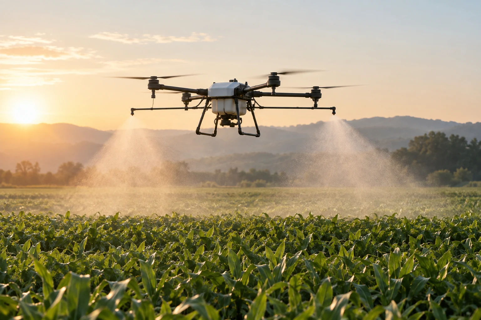 Scene illustration of drone spraying above a crop in low sunlight.