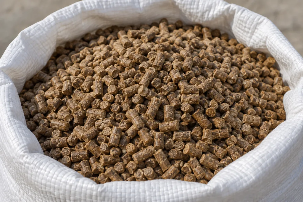 Illustration of aquaculture feed pellets in an open sack