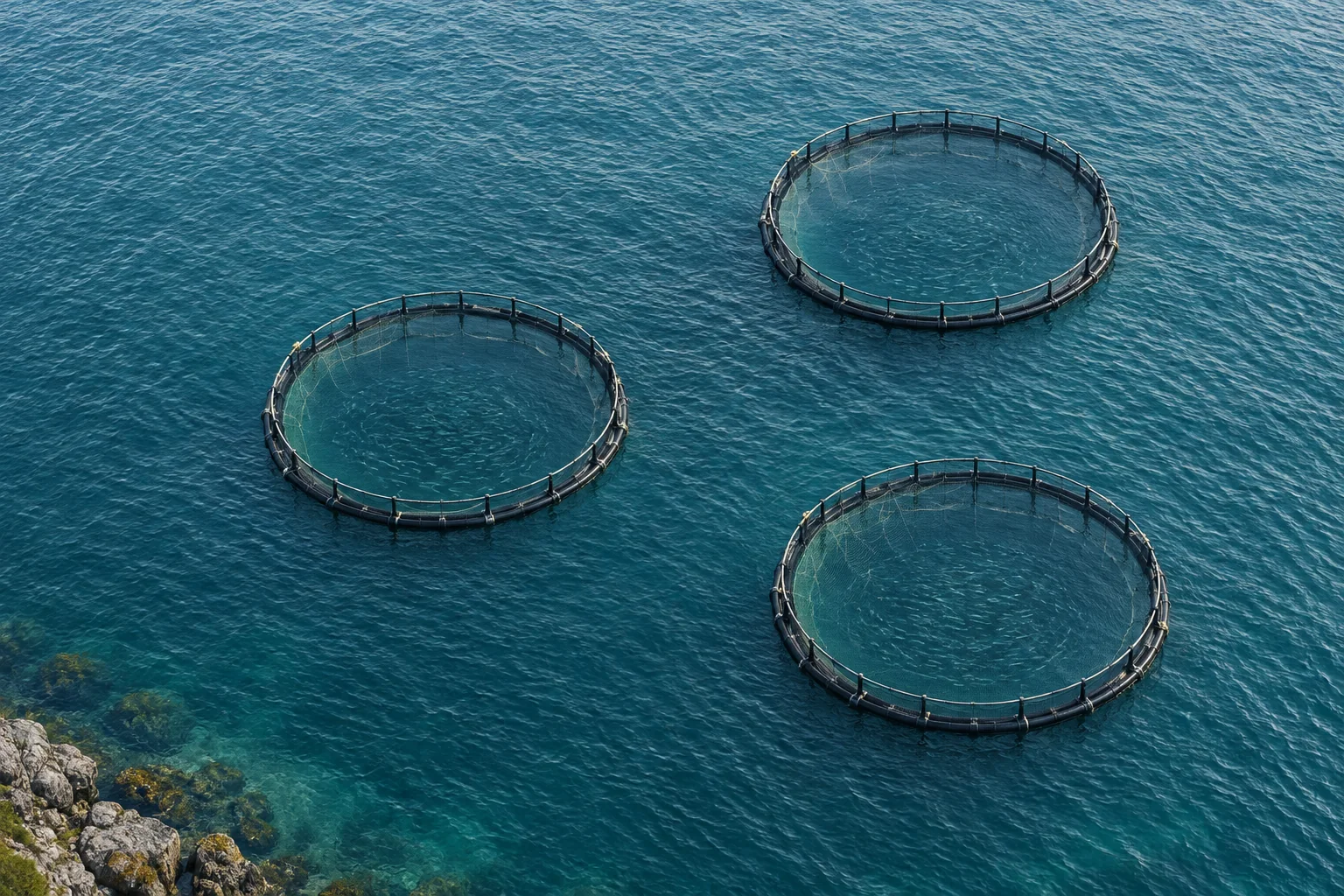 Concept aerial illustration of three separate circular fish cages, labelled with illustrative daily plans in the page