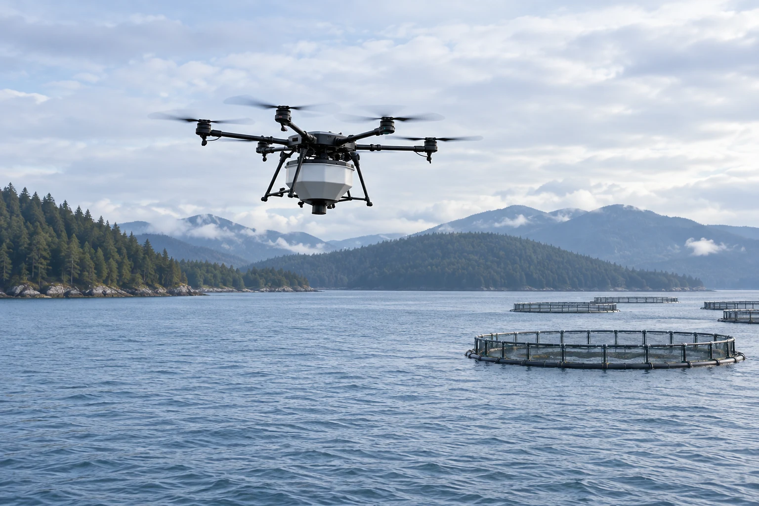 Illustration of an agricultural drone travelling above water toward fish cages