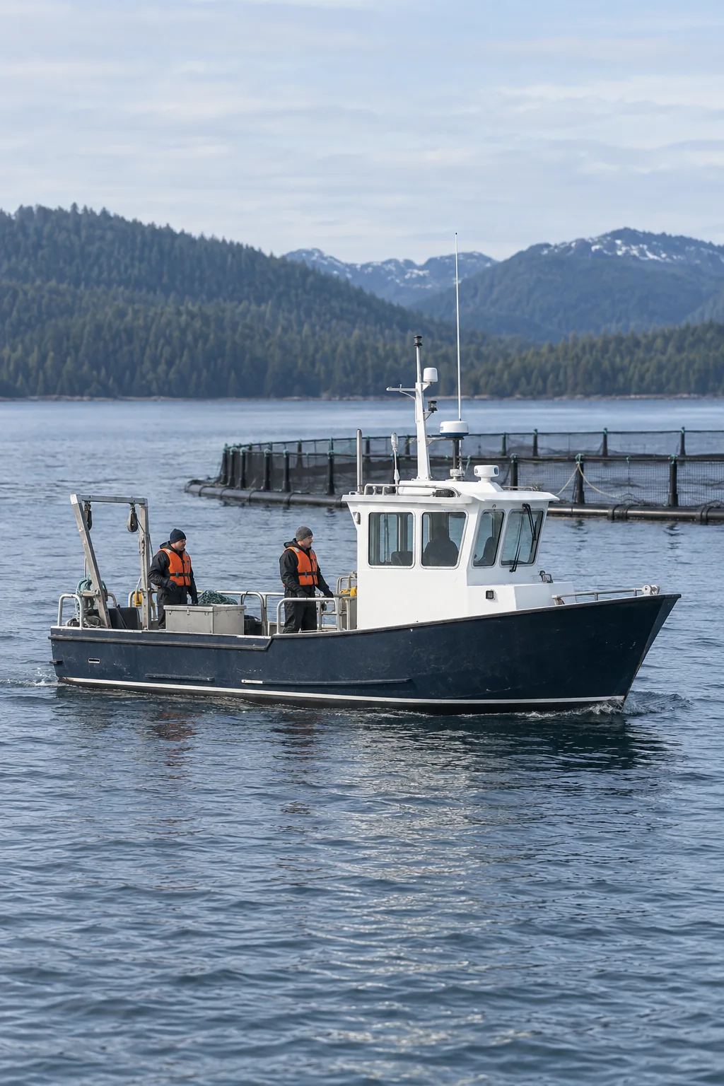Illustration of an aquaculture workboat alongside a fish cage
