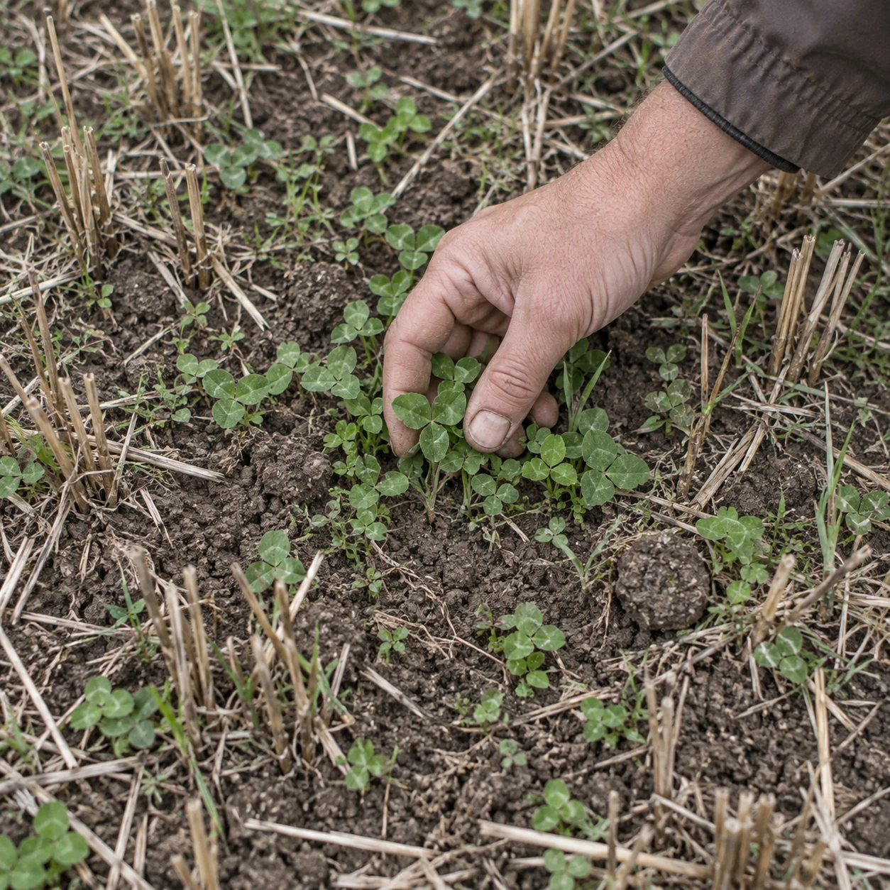A hand gently parting young clover leaves to observe growth at ground level, illustrated among cereal stubble.