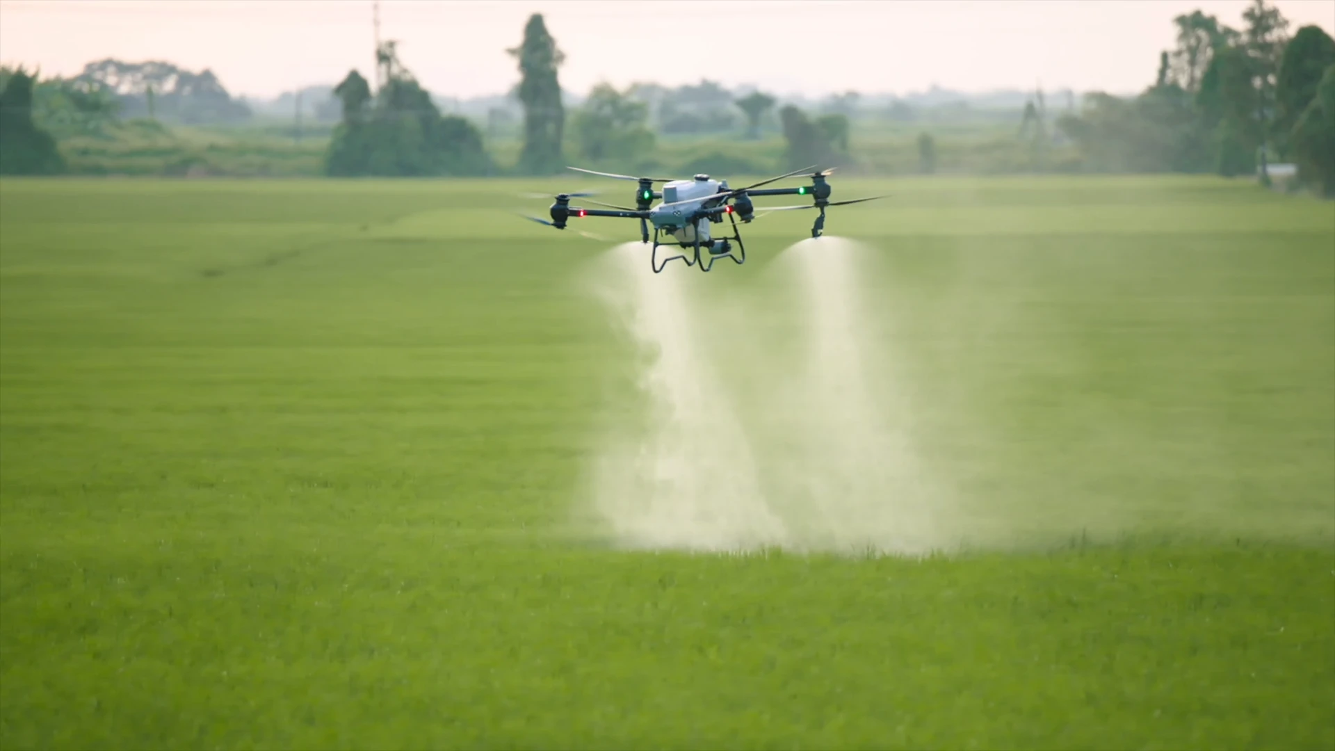 DJI AGRAS aircraft spraying over a crop field.