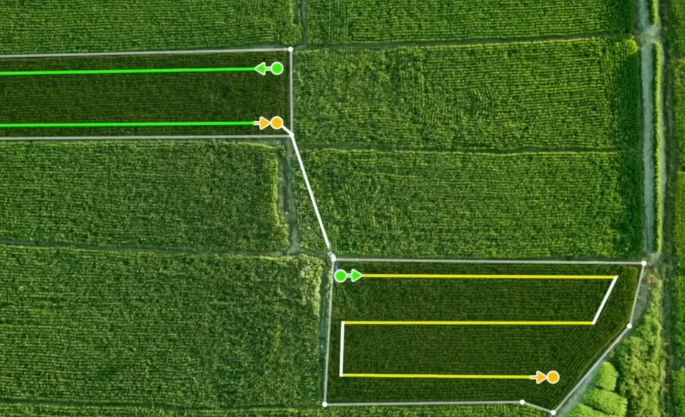 Aerial crop photograph with DJI demonstration field boundaries and planned routes.