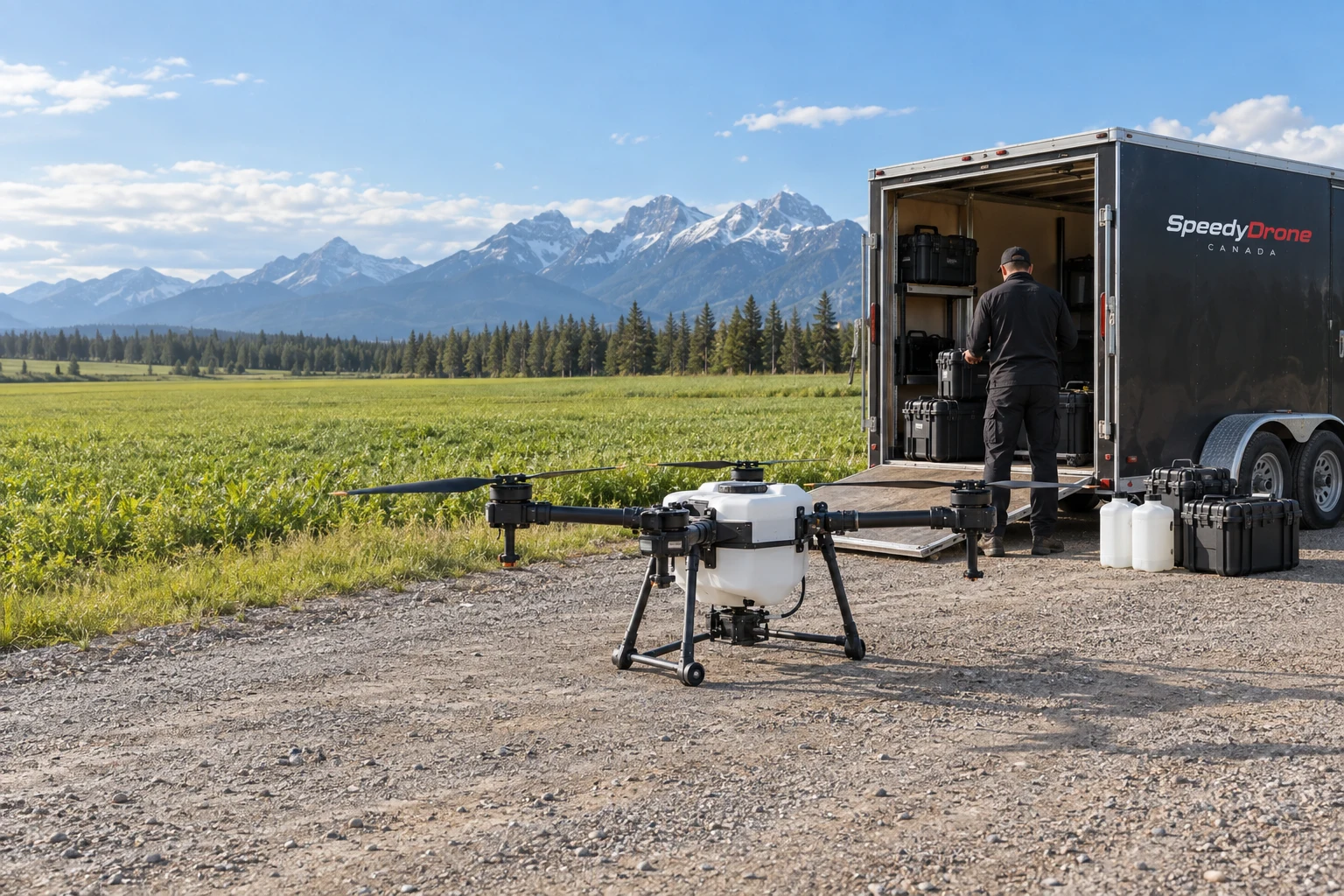 Concept illustration of a grounded agricultural drone, equipment trailer, field technician and supply cases beside a Canadian mountain field.