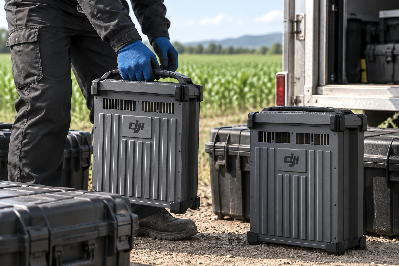 Concept scene of an operator handling agricultural aircraft batteries beside field equipment cases.