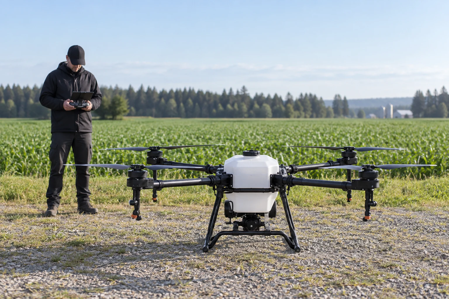 Concept scene of an operator checking a controller beside a grounded agricultural drone before flight.