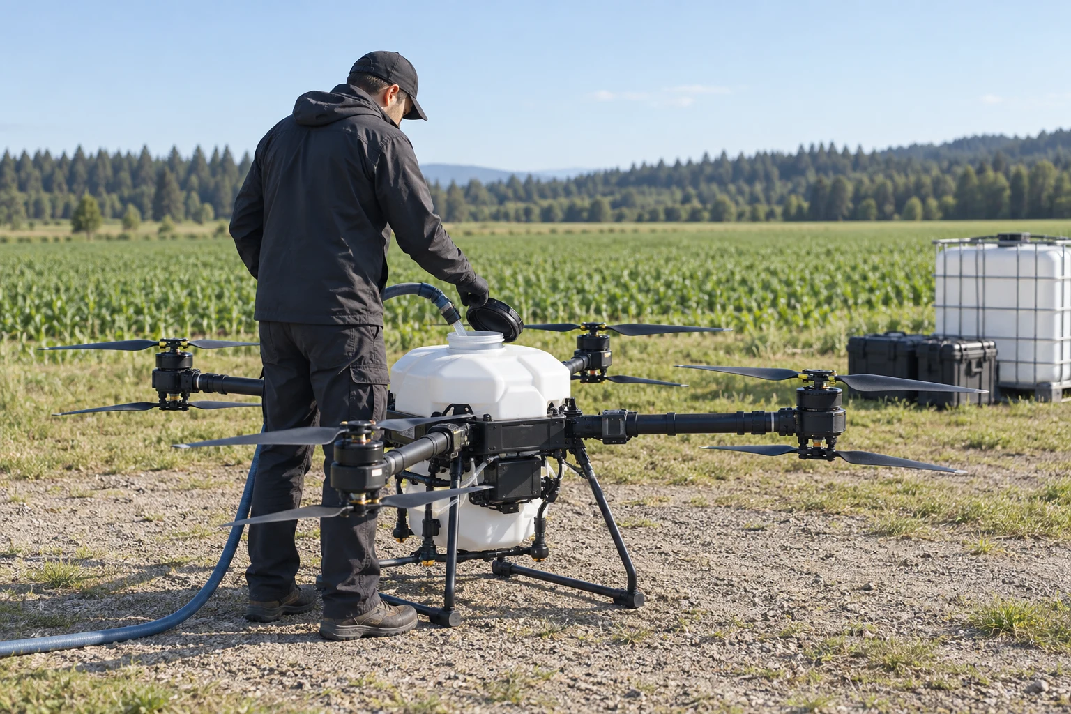 Concept scene of an operator preparing a water refill at the tank of a grounded agricultural drone.