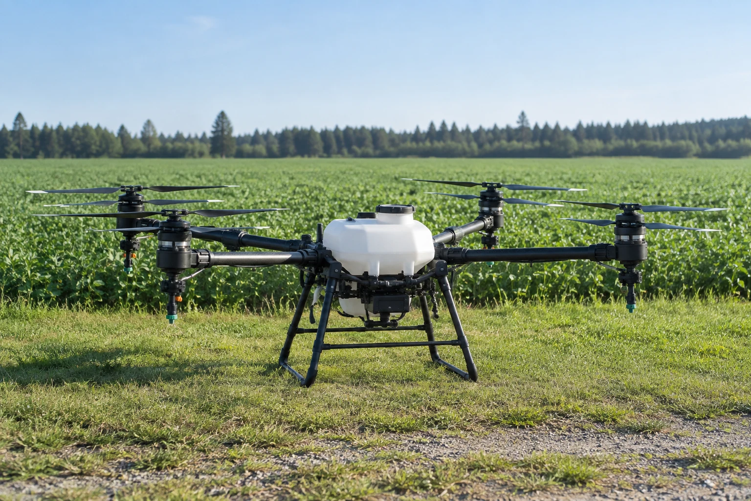 Concept scene of a complete agricultural drone on the ground, with its arms and propellers visible.