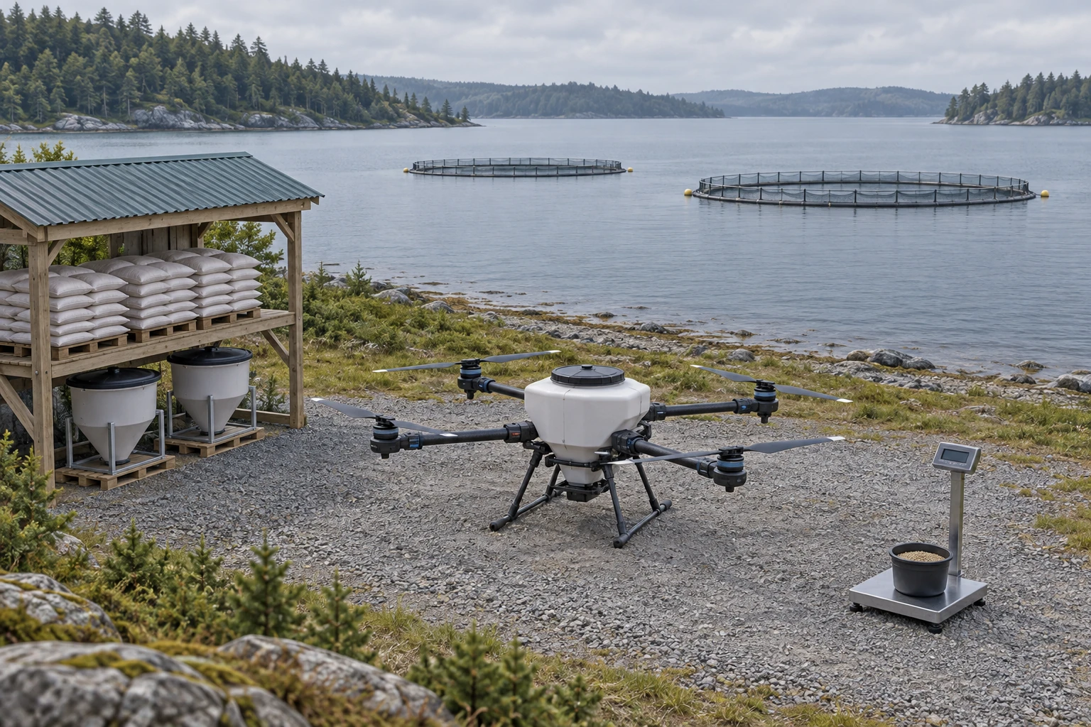 Illustration of shore-side feed storage and drone preparation