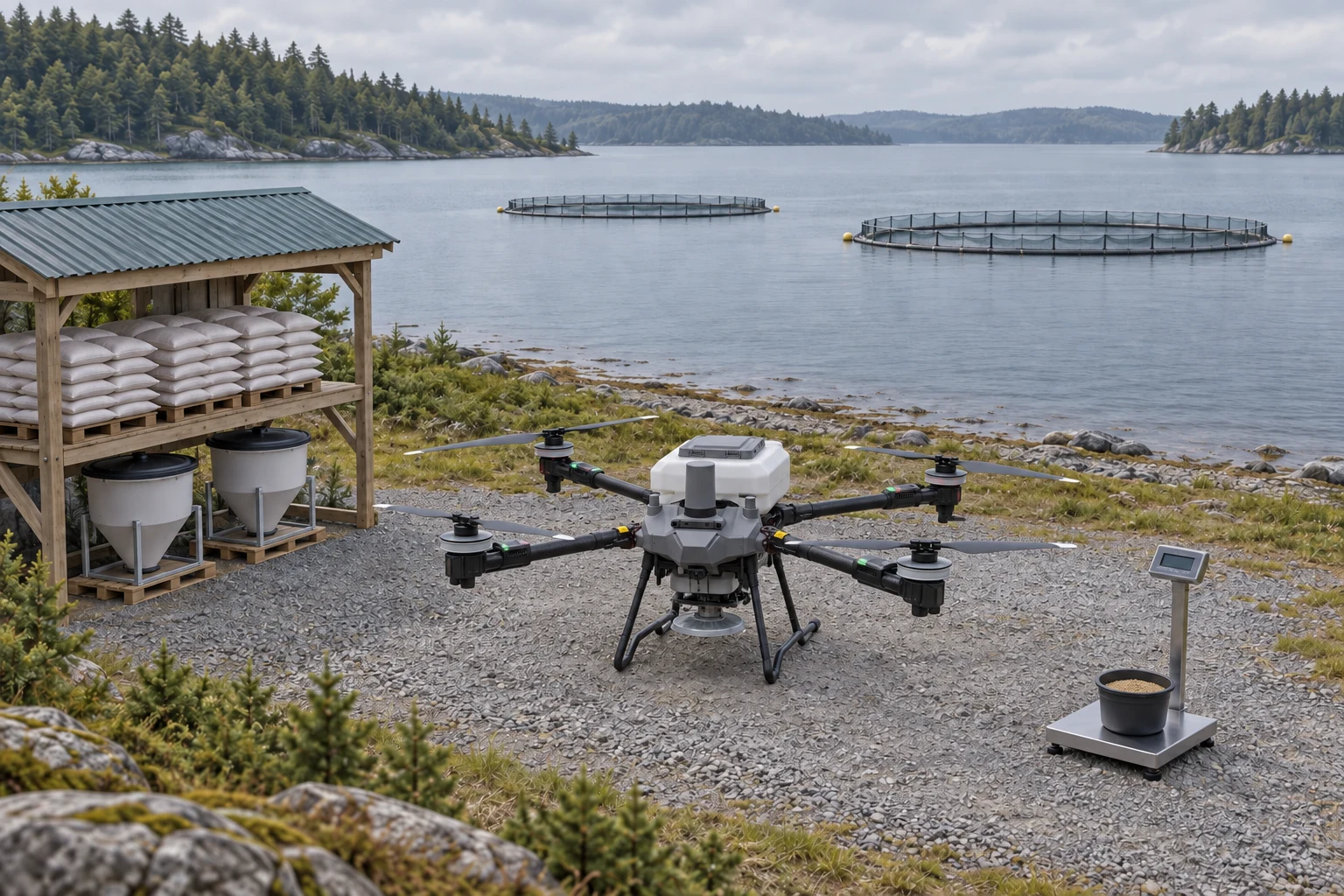 Conceptual shore-side feed preparation area with an aircraft based on the DJI AGRAS T70P in spreading configuration and nearby aquaculture cages.