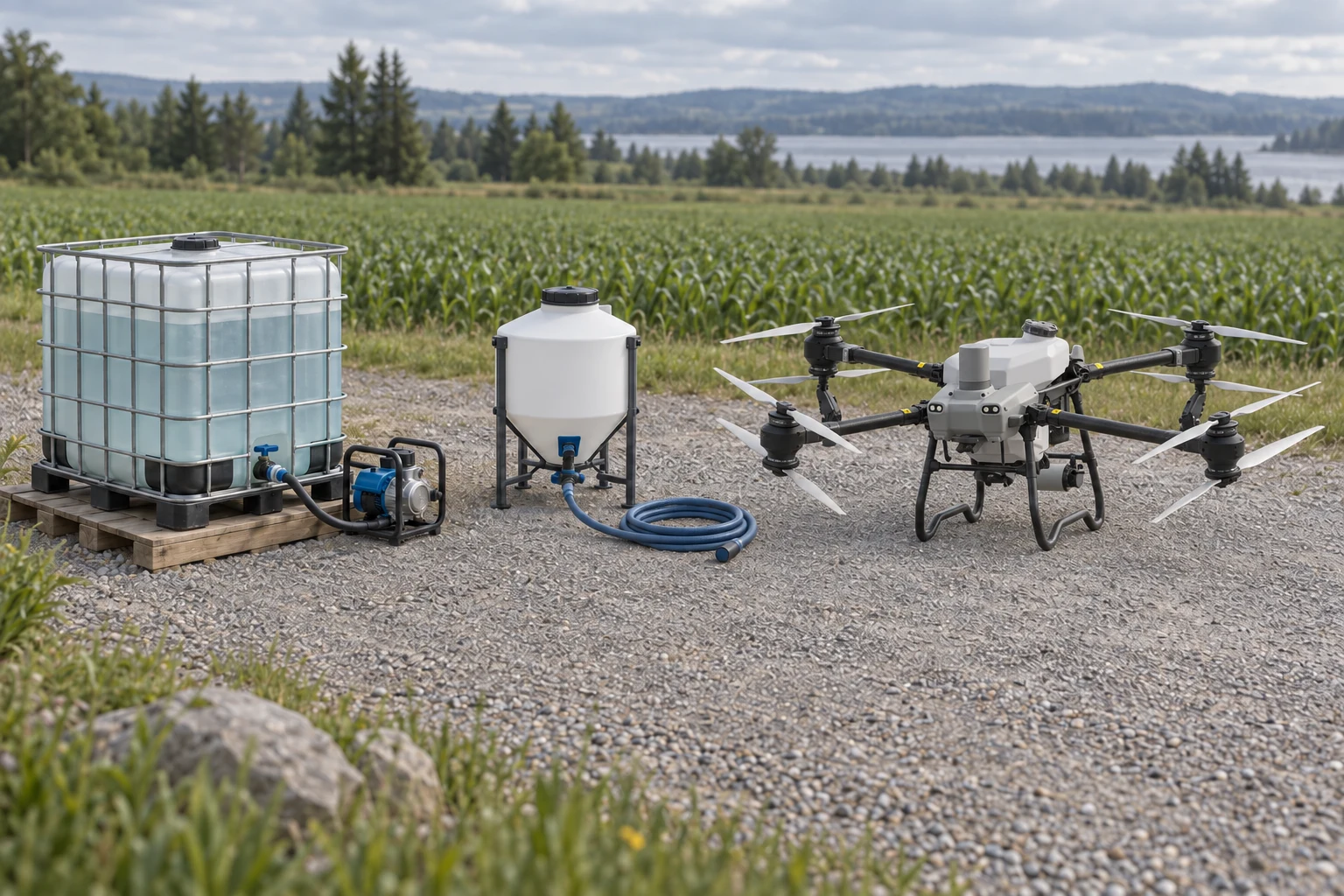 Conceptual field refill setup with a water tank, pump and aircraft based on the DJI AGRAS T50.