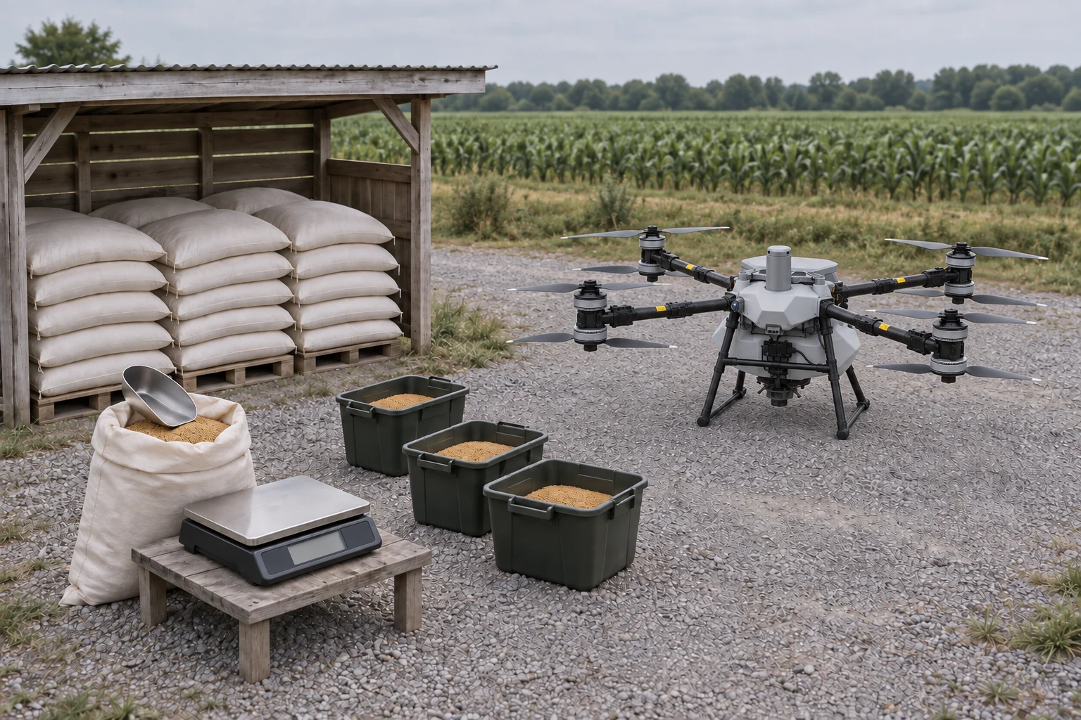 Conceptual granular-material preparation area with bags, weighing and an aircraft based on the DJI AGRAS T100 in spreading configuration.