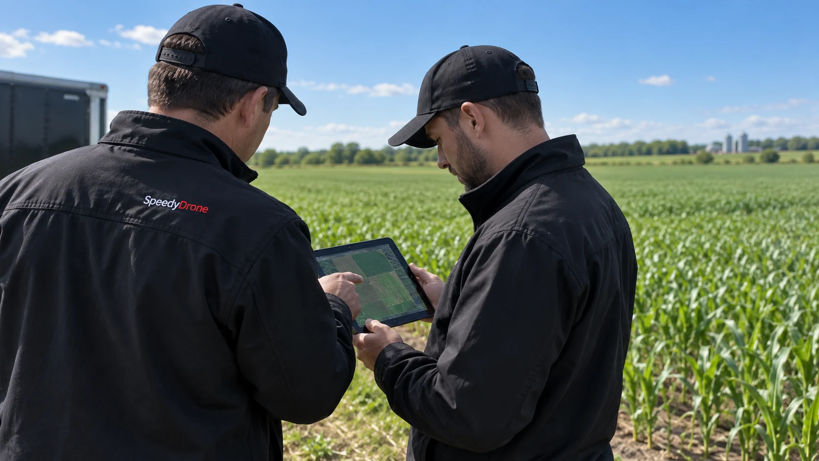 Concept scene of two field technicians reviewing an operation on a tablet beside a crop field.