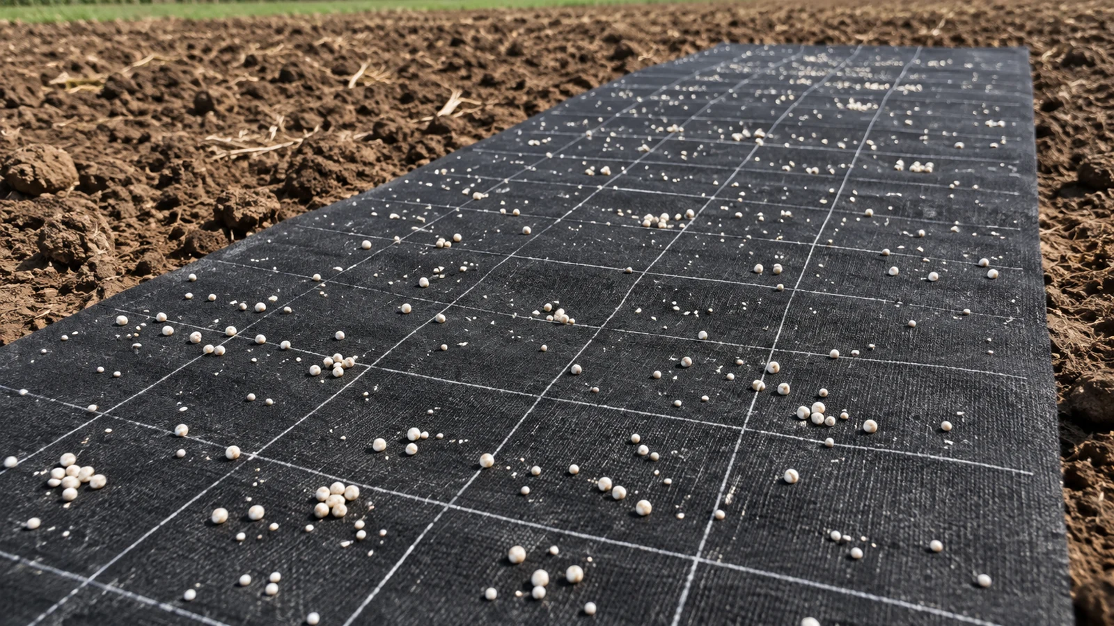 AI illustration of fertilizer granules scattered across a gridded collection mat on field soil.