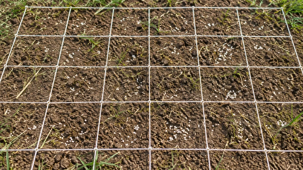 AI illustration of a string grid and scattered fertilizer granules on soil.