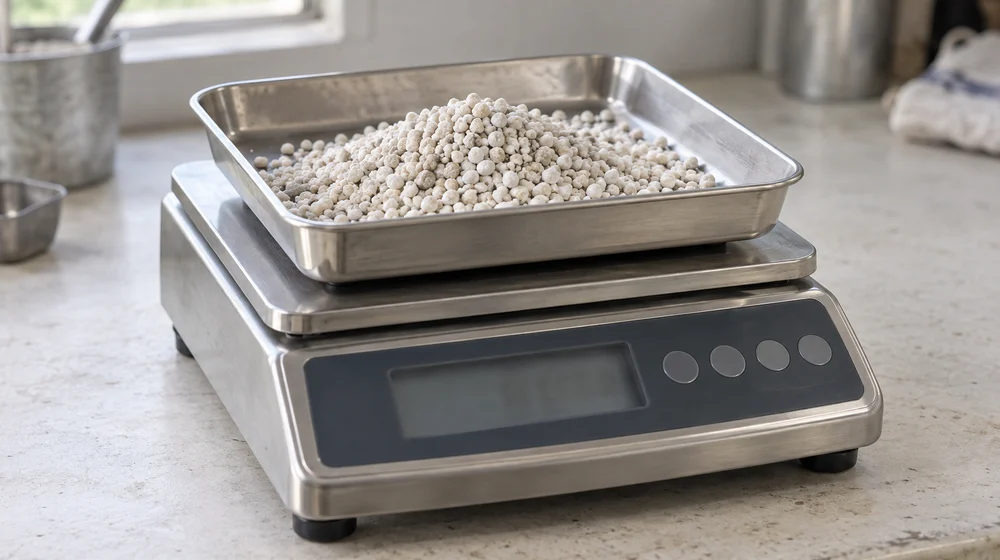 AI illustration of white fertilizer granules in a tray on a bench scale.
