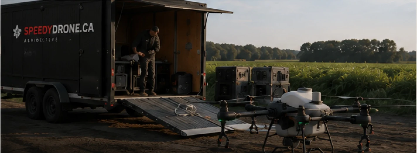 SpeedyDrone team beside a field deployment trailer and agricultural drone equipment.