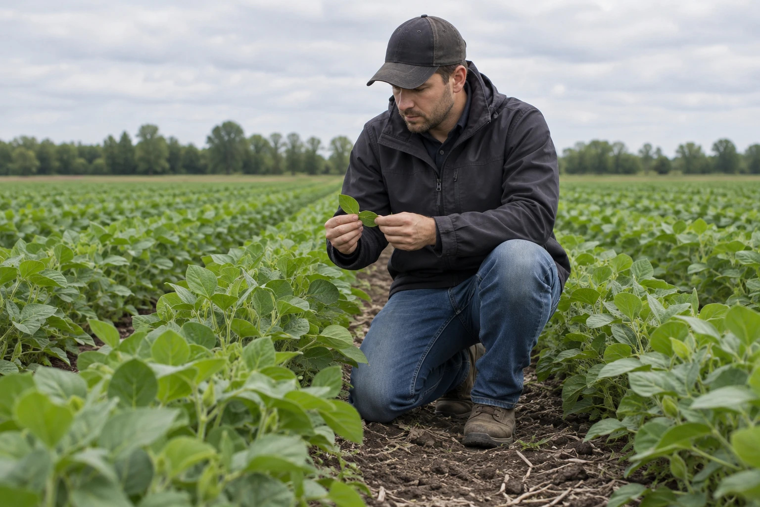 AI-generated illustration of a person checking a soybean leaf in a field