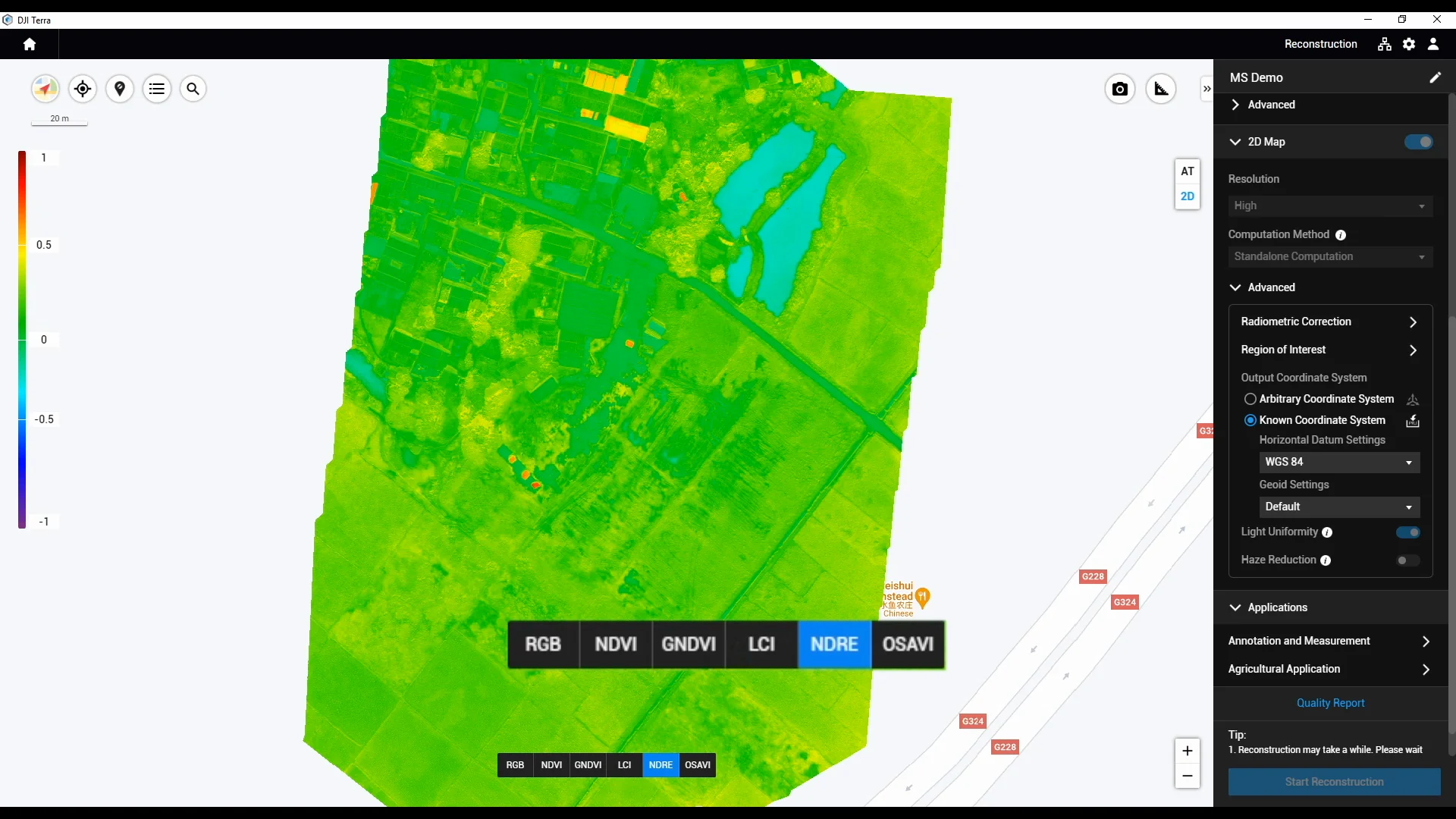 DJI Terra NDRE layer of the same demonstration field with its original numerical legend