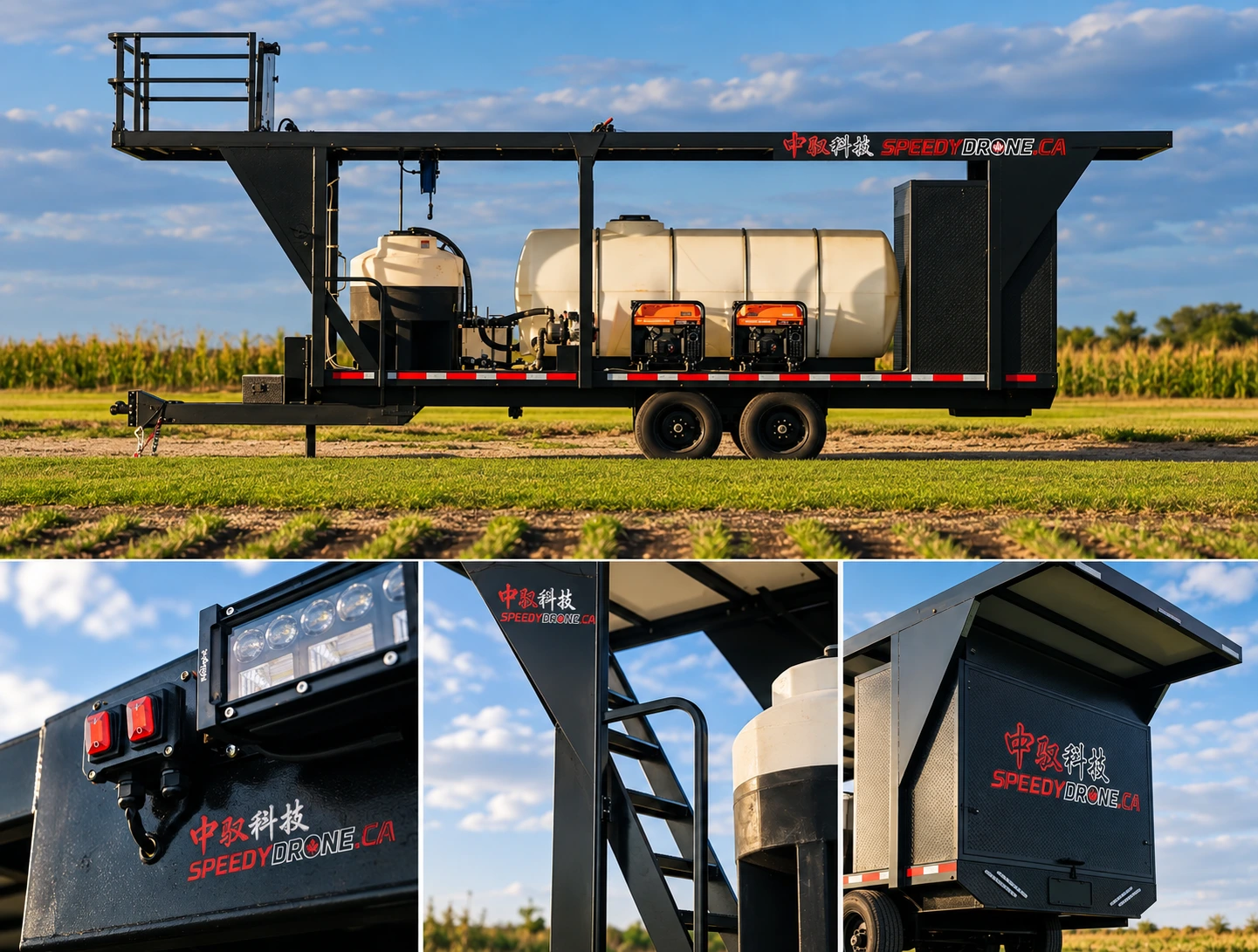 SpeedyDrone field trailer with tanks, generators and a raised platform beside a crop field.